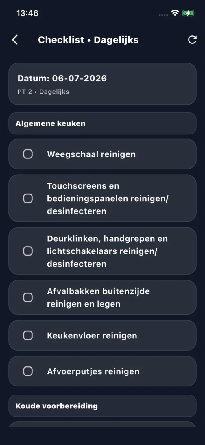 Digitale schoonmaaklijst in MyChef FoodSafety HACCP app voor horeca